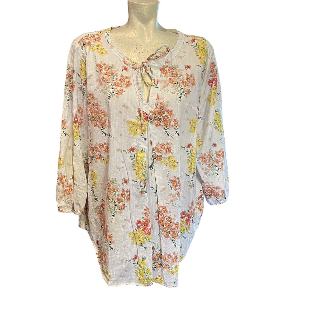 St. John's Bay 0X Yellow‎ Gold Floral Peasant Blouse 3/4 Sleeve Tie Neck